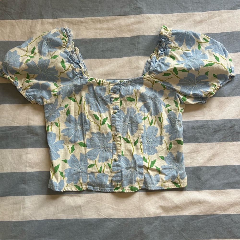 Who What Wear Floral Puff Sleeve Blouse - Blue and Green